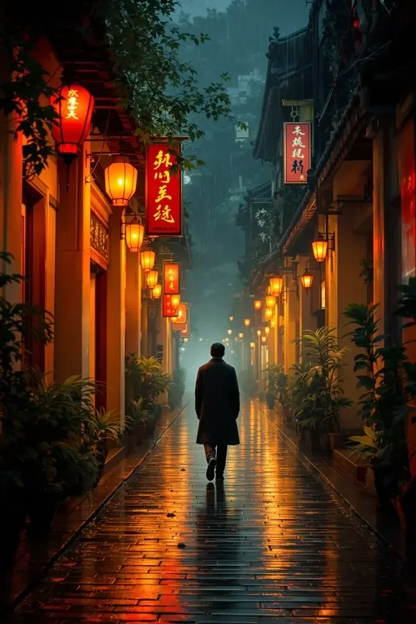 骑楼夜话电影封面——骑楼老街夜色暖橙灯光